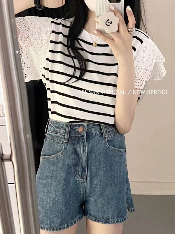 [Susan] stripe lace design Casual Short Sleeve T-shirt 18367\lsw