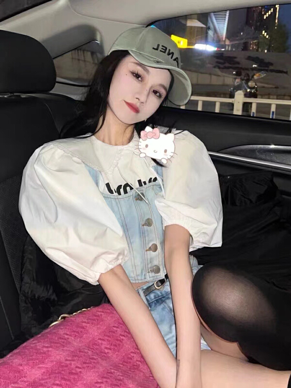 [M.H] letter bubble sleeve shirt + single breasted Vest + jeans comfortable casual pants set (with belt) 8400\pcz