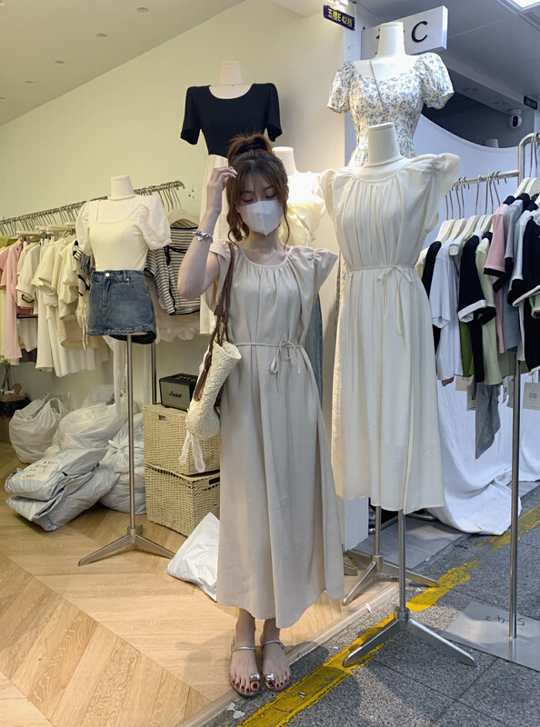 [as] advanced atmosphere small flying sleeve Tencel dress (with waist rope) 6597\hjy