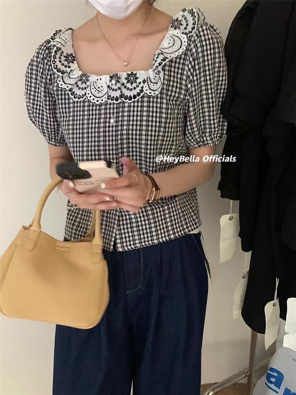 [hey Bella] Korean retro single breasted plaid shirt 1358\ll