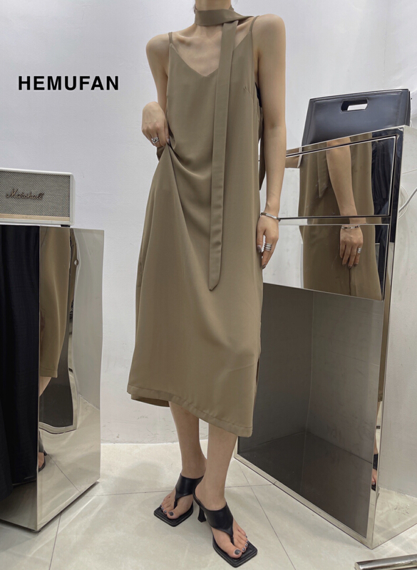 [Hepburn] temperament solid color loose suspender dress (with belt) hb6182-1\l