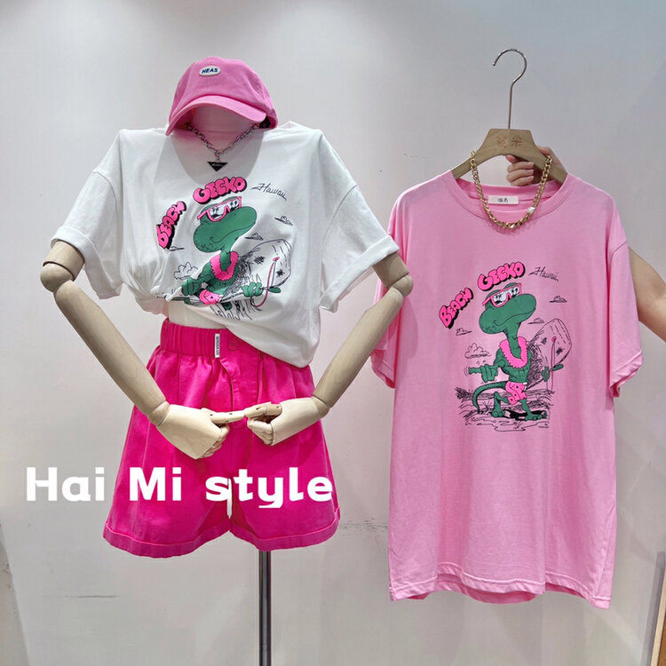[Haimi] Korean color contrast cartoon printing large loose short sleeve T-shirt 1905\wtt