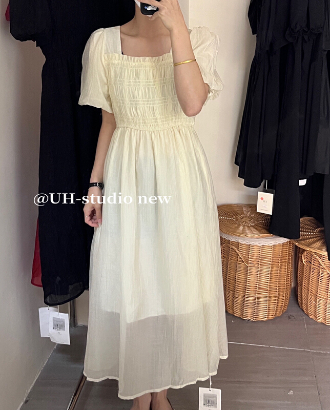 [uh] French retro square collar heavy industry dress 7836\hjy