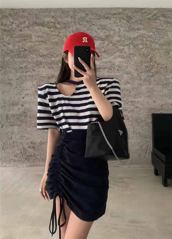 [jelly house] loose stripe short sleeve T-shirt + pleated skirt set 9033\hbx