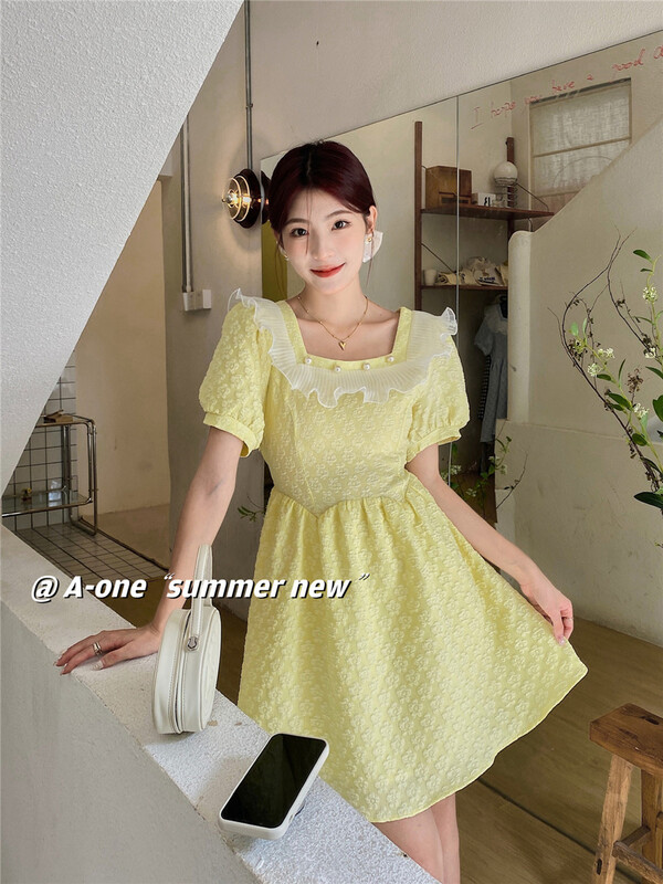 [A-One] temperament lotus leaf collar high waist dress 22168\hjy