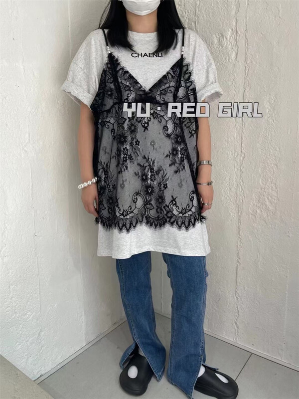[red Niuniu] casual simple loose letter fake two short sleeve T-shirt 35489\xyy