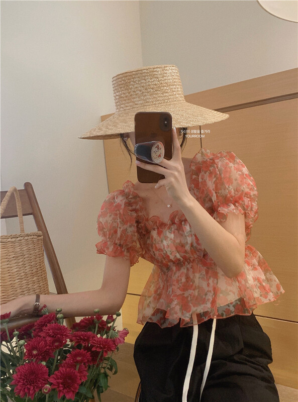 [your room] ladies' broken flower waist Organza short shirt 9860\zxx
