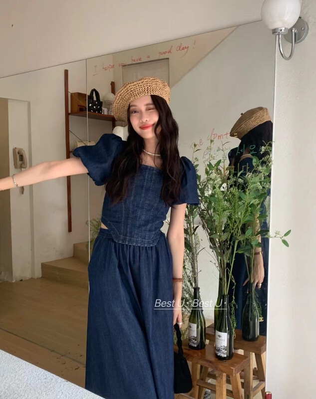 [best u] square neck bubble sleeve net short denim shirt (only for small shirts) 56000\lsw