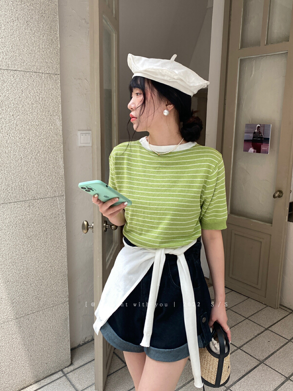 [event with you] round neck stripe pearl versatile short sleeve T-shirt (with shawl) 2m091\lsw