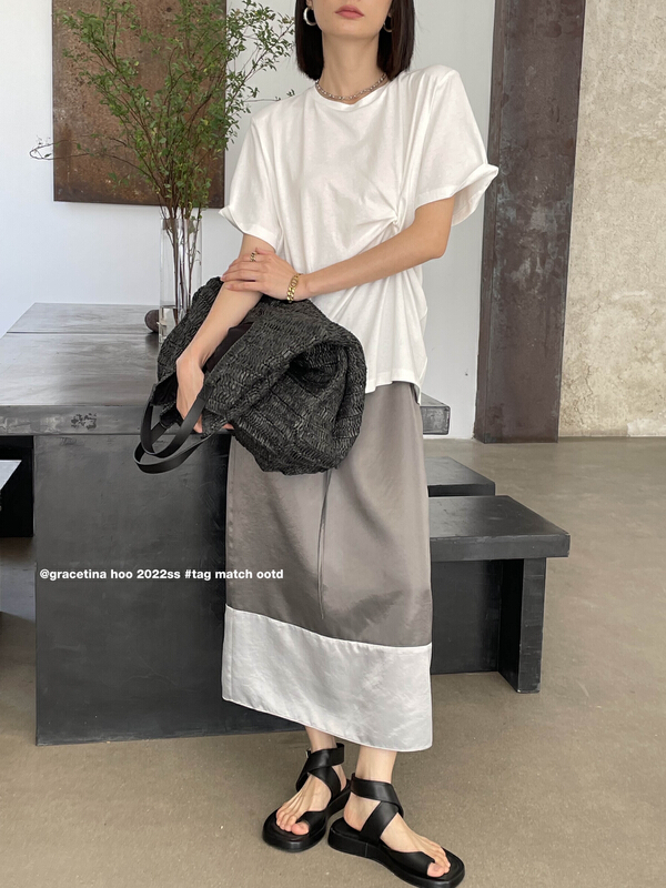 [gracetina Hoo] contrast color stitching elastic waist back slit skirt bq3121\cqw