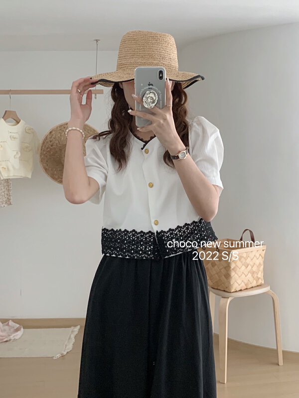 [choco] lace edge bubble sleeve temperament shirt (only selling shirts) 8339\hbx