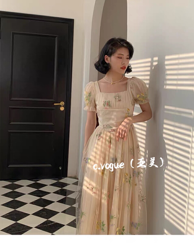 [c.vogue] temperament heavy industry embroidery mesh dress 3869\pcz