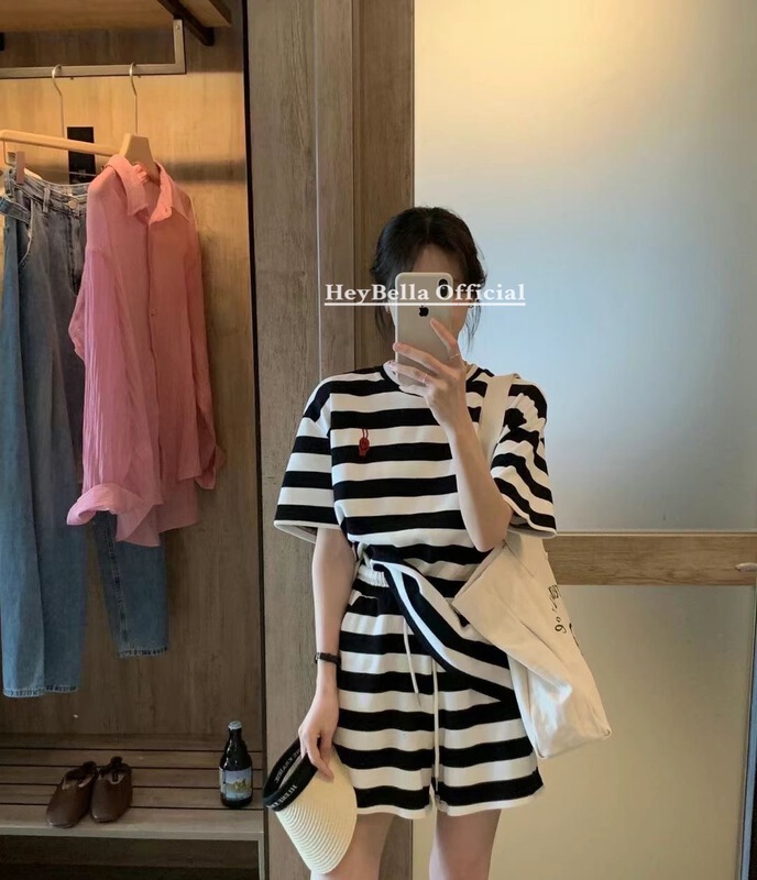 [hey Bella] round neck stripe short sleeve T-shirt + drawstring elastic waist casual Shorts Set 1375\ll