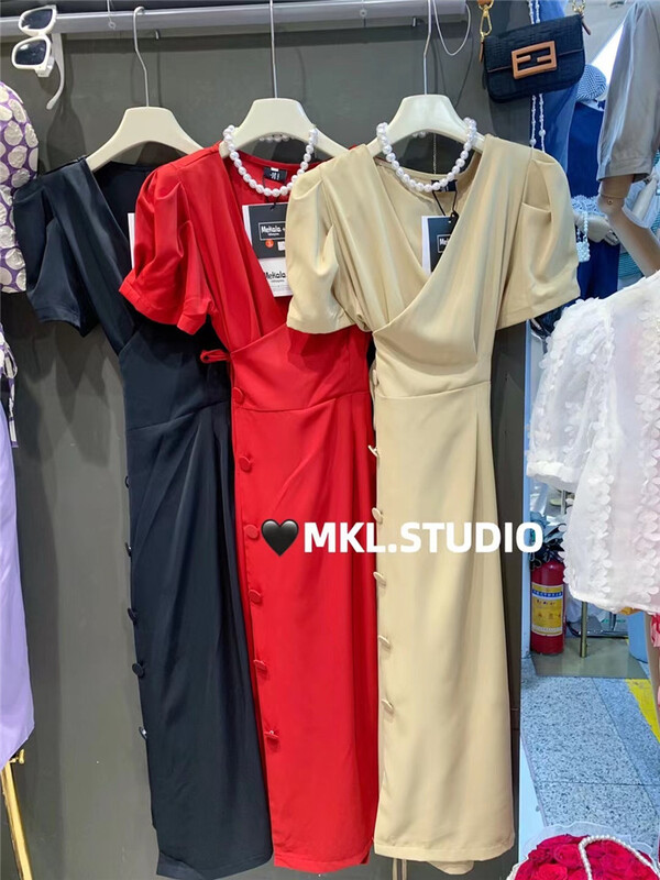 [micala] solid color bubble sleeve design temperament dress 1015\pcz