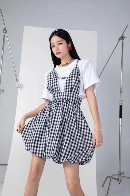 [g+] Korean suspender lantern dress + letter printed short sleeve T-shirt set 738\cl