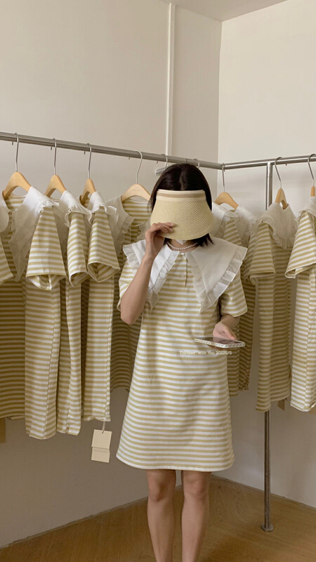 [thirten 13] Korean stripe wood ear edge large lapel dress 1675\xyy