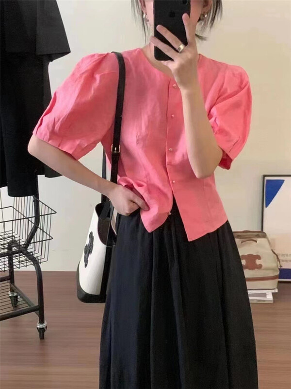 [hi] Korean version round neck bubble sleeve shirt 9796\hjy