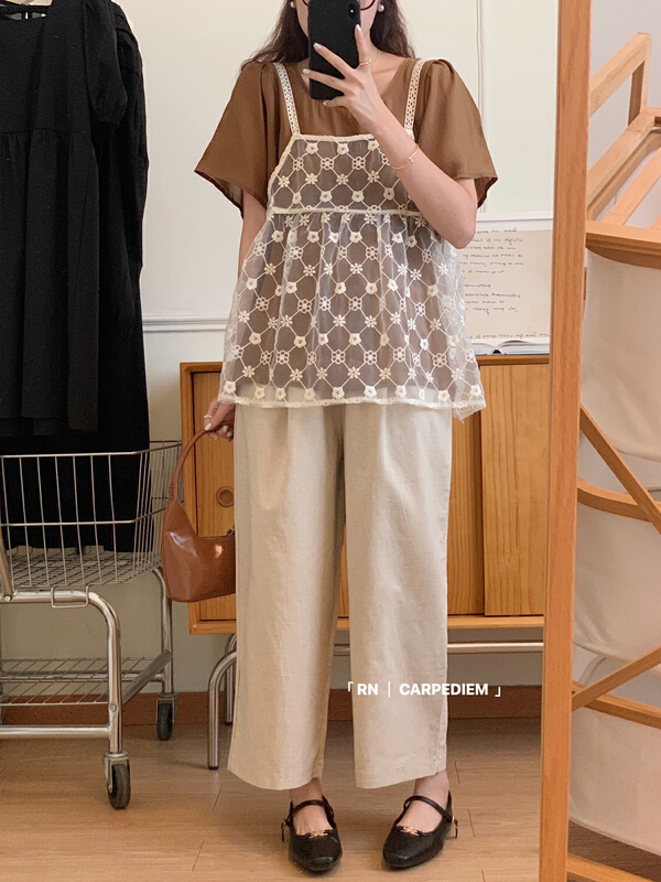 [R n] Korean loose comfortable casual shirt + transparent Crochet vest set 81322\ll