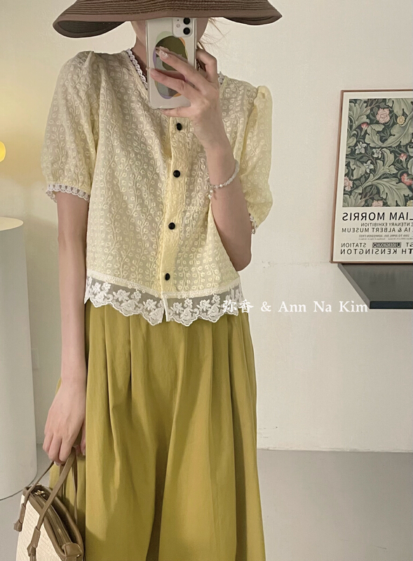 [Mi Xiang] lace stitching at the bottom for versatile ladies' blouse mx5502\hjy