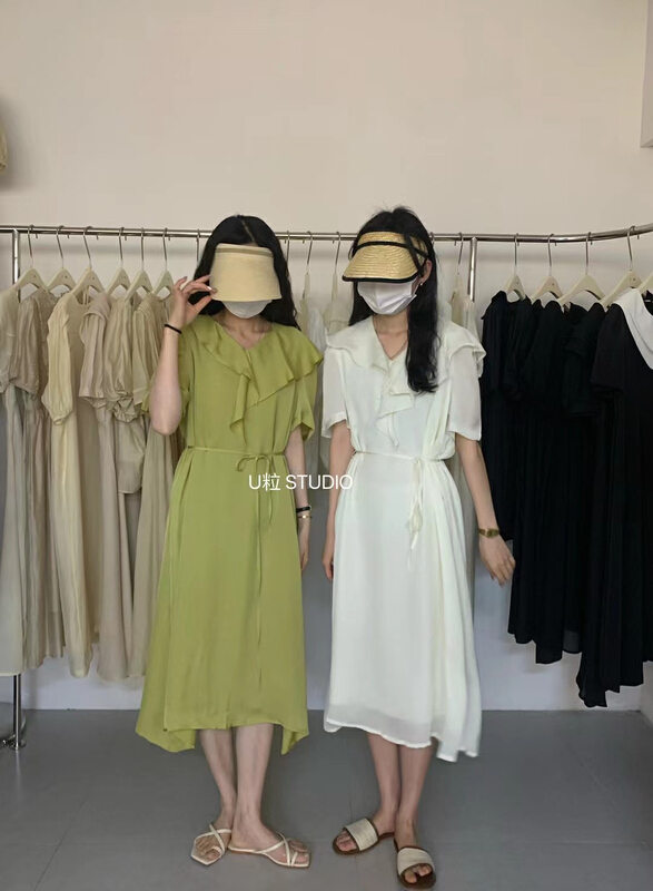Original price 77.83! [U grain] Korean lady Ruffle Dress (with waist rope) 5556\hbx