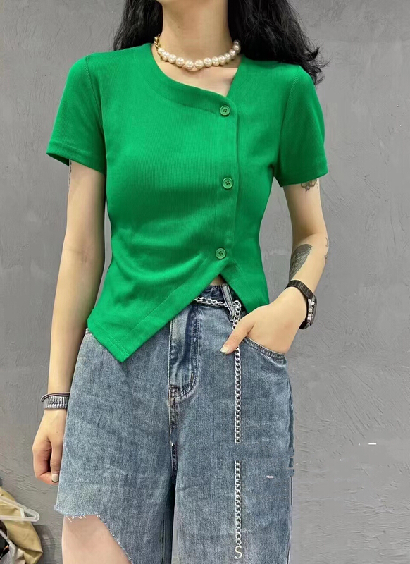 [GL] new net red irregular button temperament versatile short sleeve T-shirt 5253\xyy