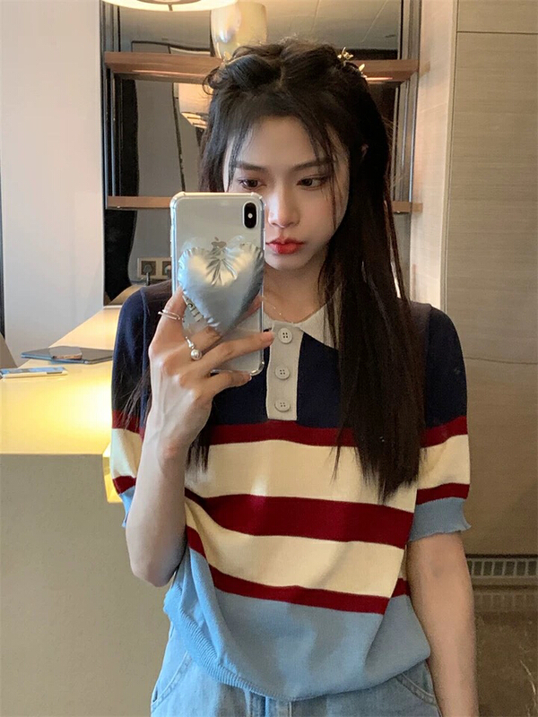 [S.J] design stripe polo collar short sleeve T-shirt 6898\lsw