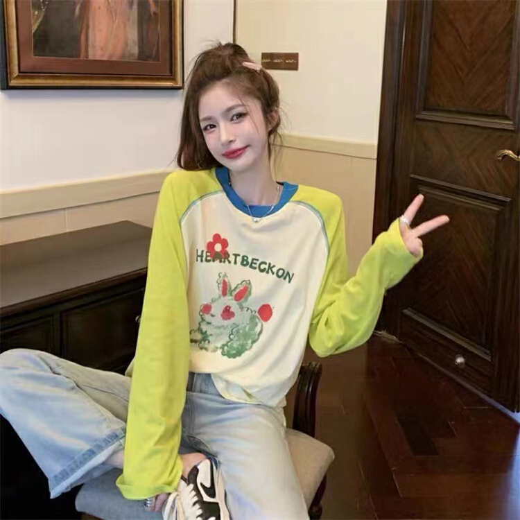[miss Xixi] rabbit letter print contrast long sleeve T-shirt 1559\l