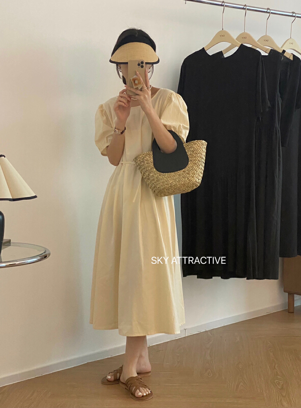[sky] Korean version solid color round neck bubble sleeve dress 19301\hbx
