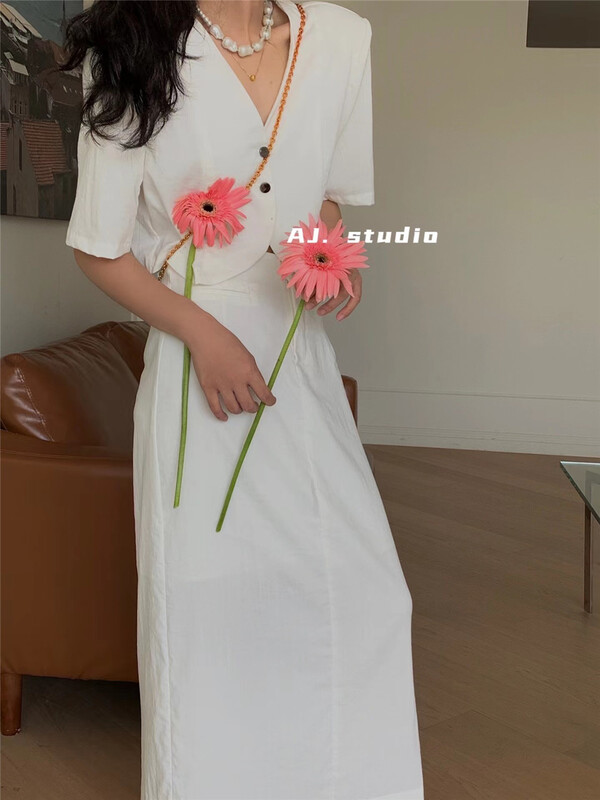 [aj.studio] simple V-neck blouse + lady skirt set ys1-9285\ll