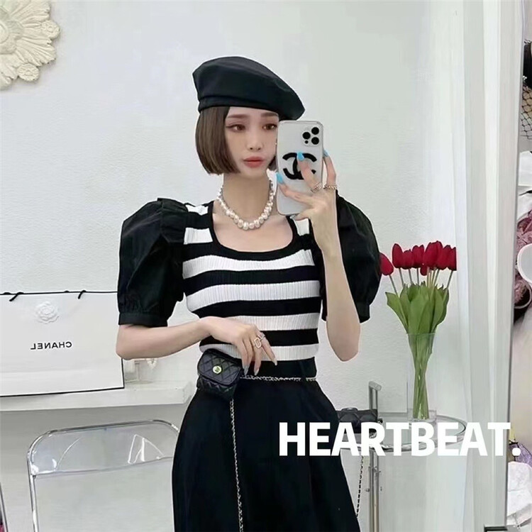 [hearteat] square neck stitched wood ear edge short sleeve T-shirt (T-shirt only) 5103\zjy