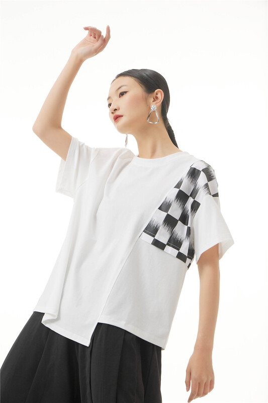[cyard] round neck printed Plaid short sleeve T-shirt 90365\l