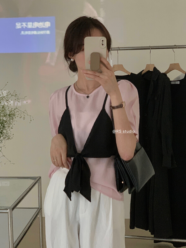 [RS] Korean fake two piece bubble sleeve Tencel blouse dh2206\xyy