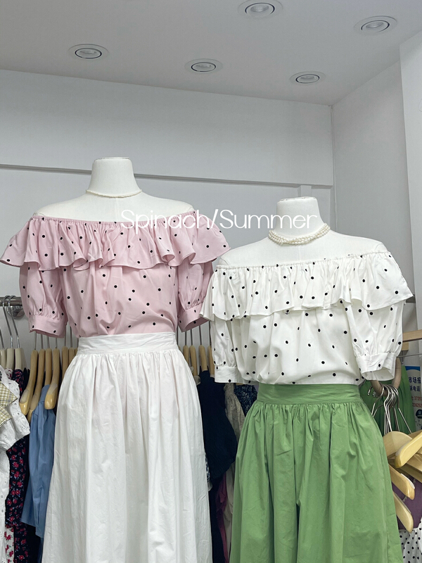 [spinach family spinach] temperament one shoulder wave dot small shirt 1807\hbx