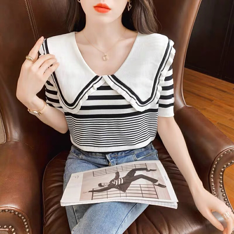 [f · P] thin ice stripe age reducing college style doll neck loose and versatile T-shirt a410\hbx