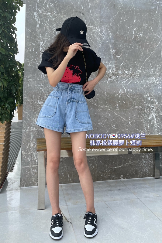 [pour one] Korean style elastic waist thin denim shorts f0956\l