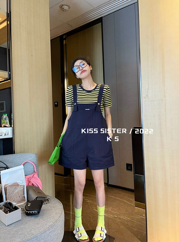 [kiss sister] Korean casual suspenders with stripe suit 9223\cqw