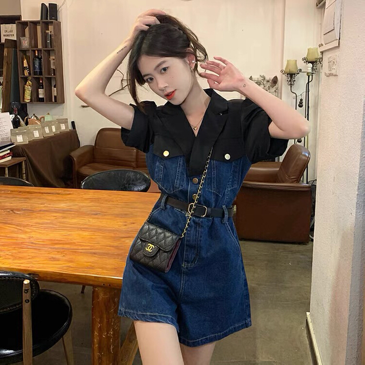 【KIKI STUDIO】牛仔拼接西裝假兩件連體褲(配腰帶)  5981#  HJY
