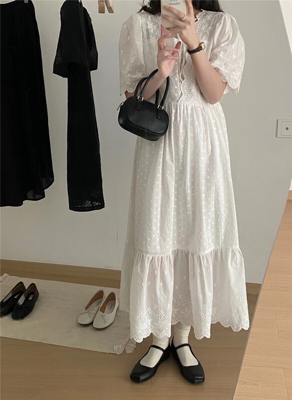 [o.lucky] small fresh square neck embroidery lace up dress 1790\hbx
