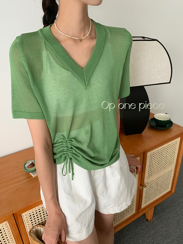 [OP one piece] Korean V-neck ice silk drawstring shirt op10003\hjy