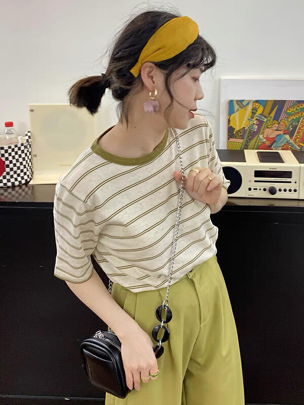 [huole] fresh and simple stripe color contrast thin short sleeve T-shirt 707\wtt