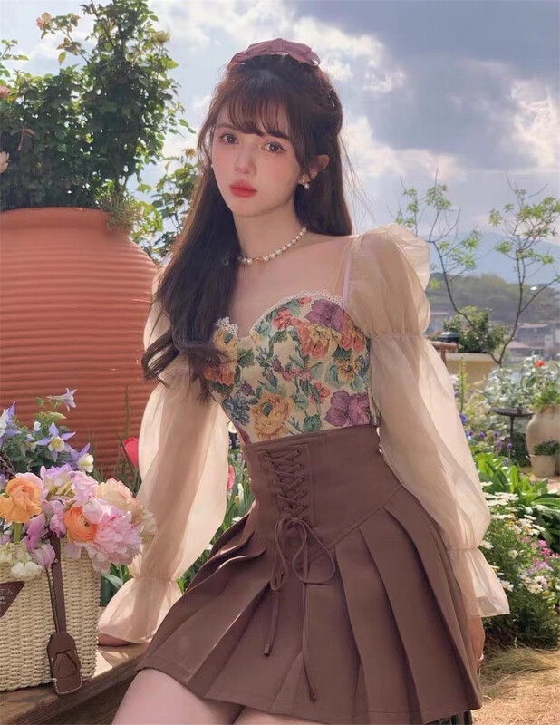 [six] idyllic small shirt + pleated skirt suit with slim waist 06286-2\pcz