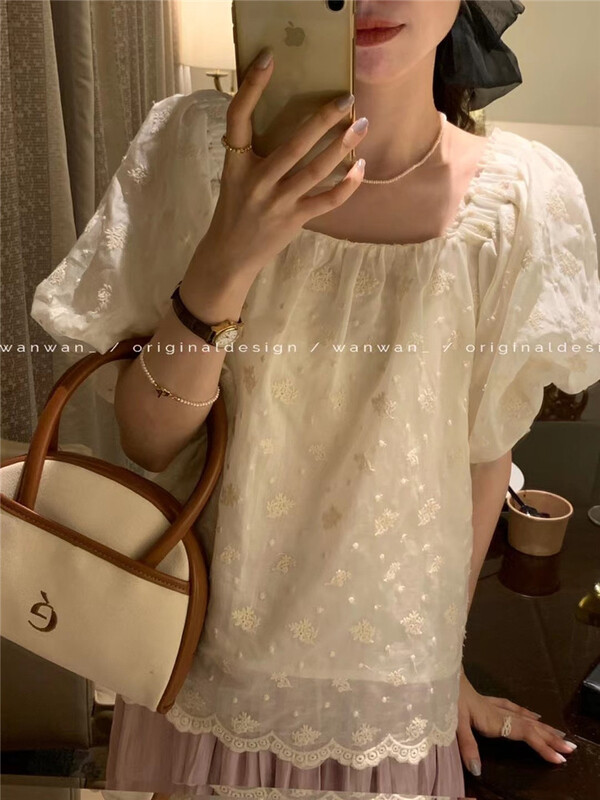 [wanwan] square neck Embroidery Shirt 6705\hbx