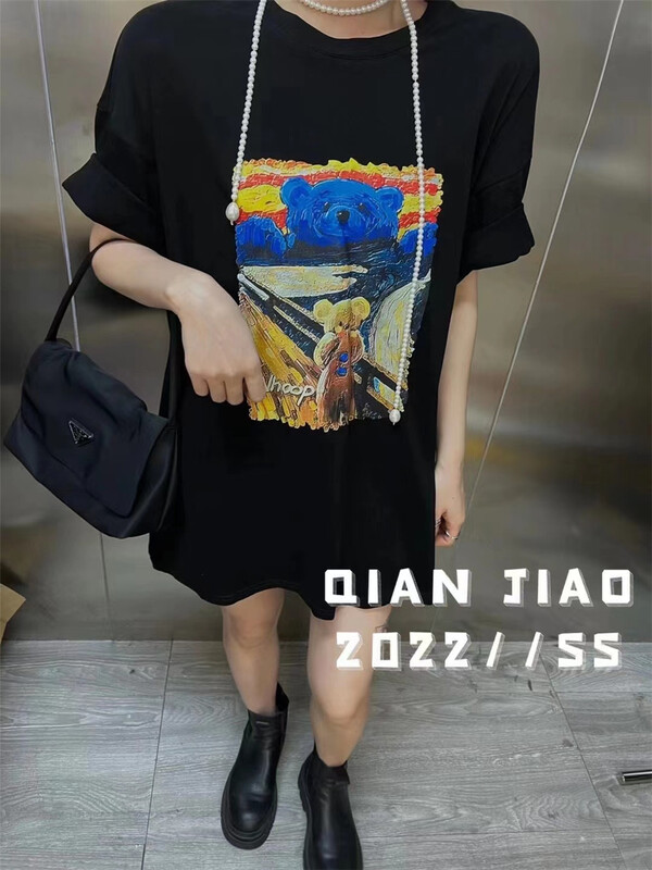 [QIANJIAO] Street trend loose print personalized short sleeve T-shirt 6927\pcz