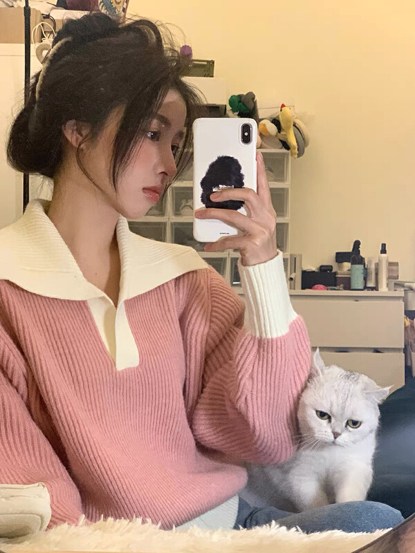 [by] large lapel knitted fashion warm sweater 2088-2\hbx