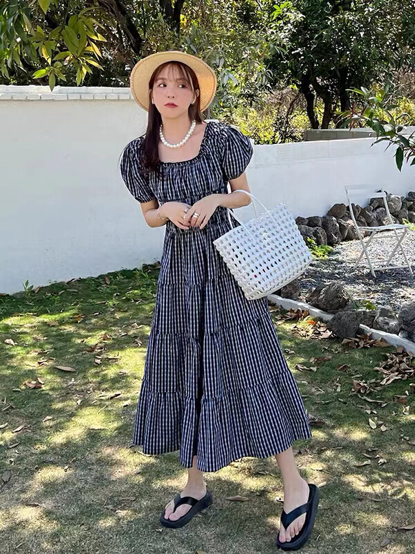 [purple potato family] French waist closing and thin Plaid Dress ys1-8815\hbx