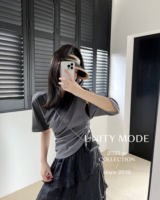 [unit] Korean irregular niche design drawstring hollow out short sleeve T-shirt 8052\cqw