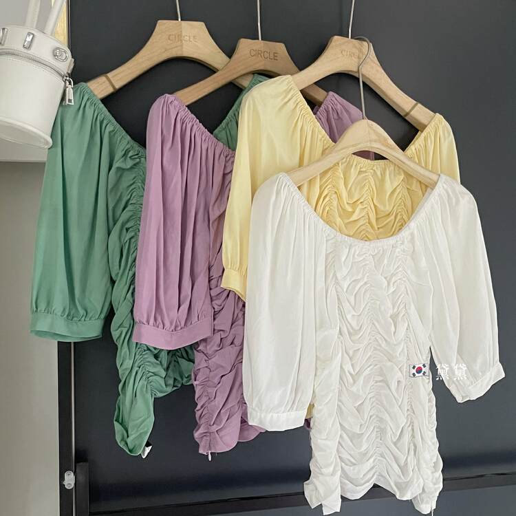 Original price 32.71! [Dai Dai] Korean wrinkled solid color round neck shirt 4800\hbx