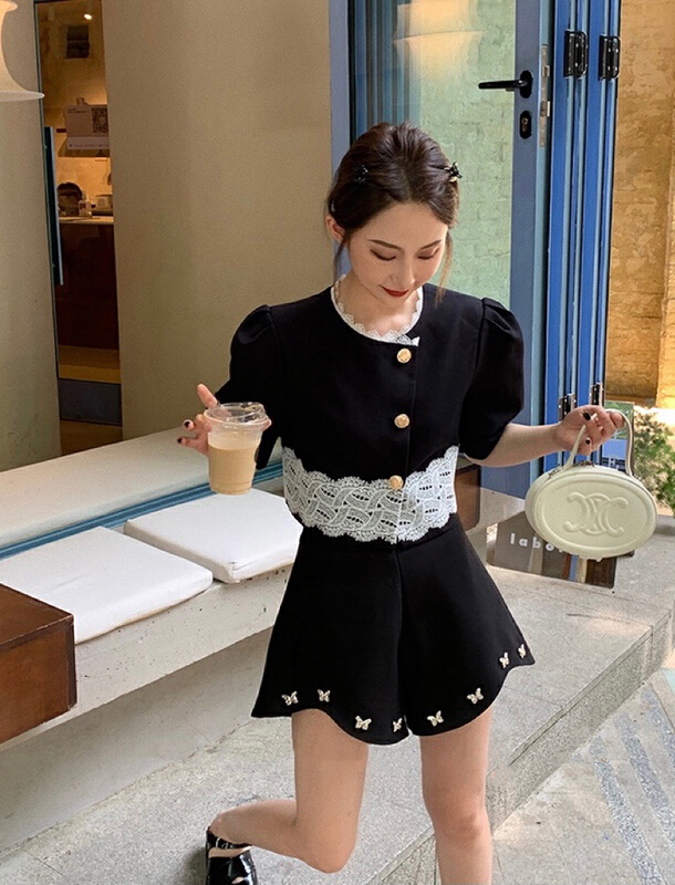 [savage] small fragrance stitched lace coat + high waist bow bud Pants Set e8331\wpl