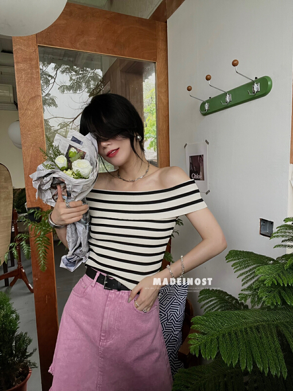 [OSHA madeinost] retro striped off shoulder woolen shirt ice silk S910