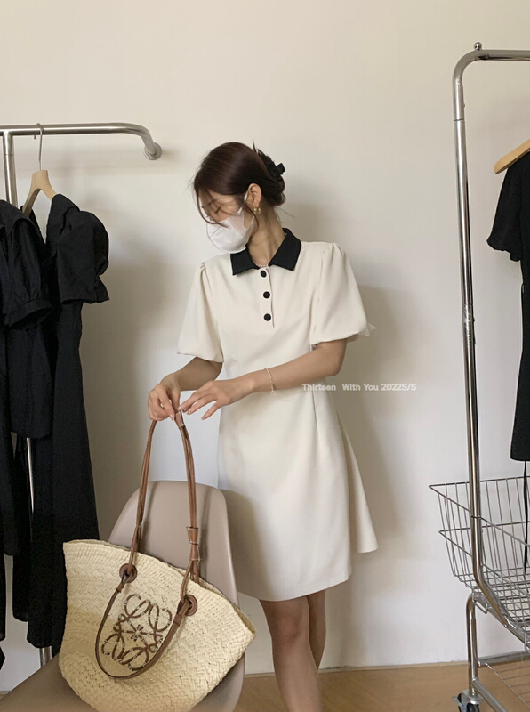 [thirten 13] bubble sleeve contrast collar design dress 2191\xyy